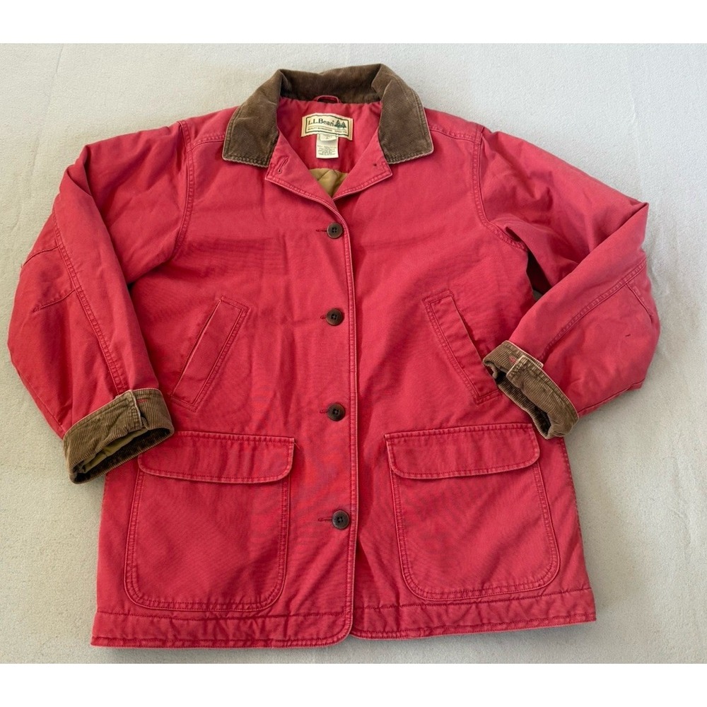 LL Bean Chore Coat Women L Pink Corduroy Collar Barn Jacket Insulated Thinsulate